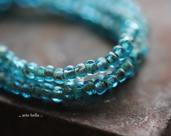 EARTHY AQUA SEEDS .. New 50 Premium Picasso Czech Glass Faceted Seed Bead Size 6/0 (9873-st)