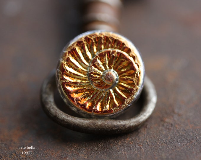 MYSTIC GOLD FOSSIL .. New 4 Premium Metallic Czech Glass Spiral Fossil Beads 18mm (10381-4)