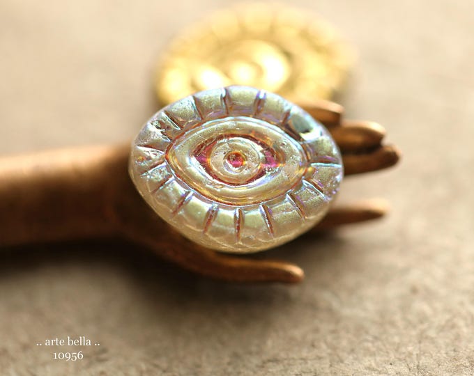 GOLDEN MYSTIC PEEPERS .. New 6 Premium Matte Czech Glass Mystic Eye Beads 14x11mm (10956-6) .. jewelry supplies