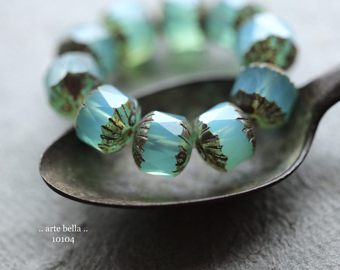 EARTHY LAGOON CHUBS .. 10 Premium Picasso Czech Glass Faceted Cruller Beads 10x10mm (10104-st)