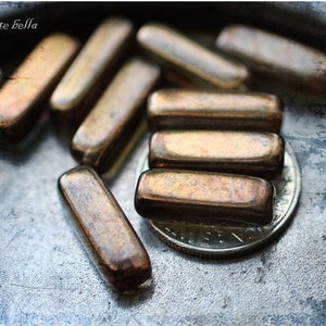 BRONZE PLUM STICKS .. 10 Premium Luster Picasso Czech Glass Rectangle Beads 15x5mm (1699-13)