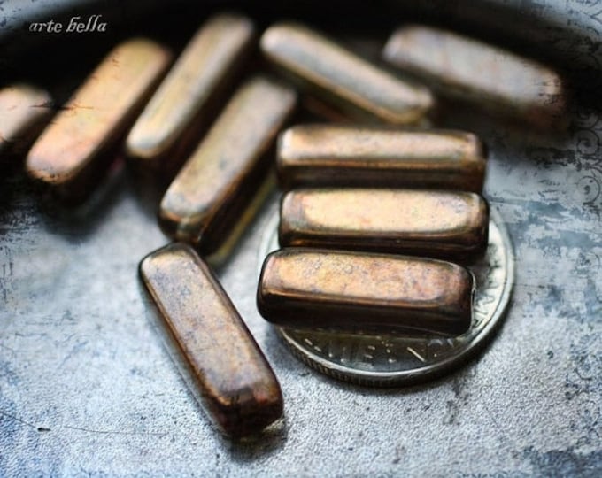 BRONZE PLUM STICKS .. 10 Premium Luster Picasso Czech Glass Rectangle Beads 15x5mm (1699-10) .. jewelry supplies