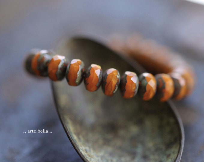 AUTUMN ORANGE PEBBLES .. 25 Premium Picasso Czech Glass Faceted Rondelle Beads 7x4mm (9877-st)