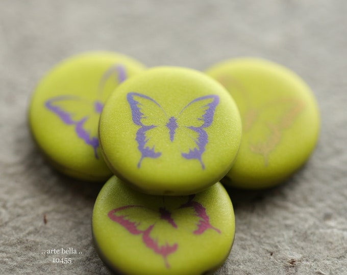 CHARTREUSE BUTTERFLY COINS .. 4 Premium Matte Czech Glass Laser Etched Butterfly Coin Bead Mix 17mm (10455-4) .. jewelry supplies