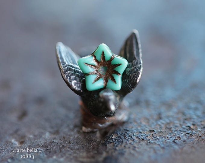 BRONZED TURQUOISE BLOOMS .. New 25 Premium Czech Glass Bell Flower Beads 6x9mm (10883-st) .. jewelry supplies