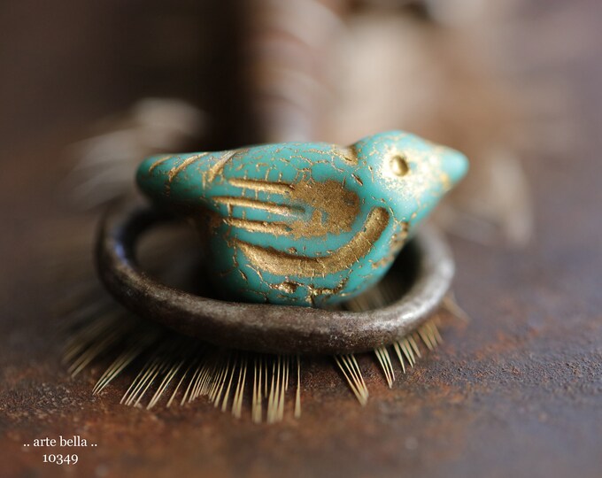 GOLDEN TEAL CHIRPS No. 1 .. New 6 Premium Matte Czech Glass Bird Beads 11x22mm (10349-st)