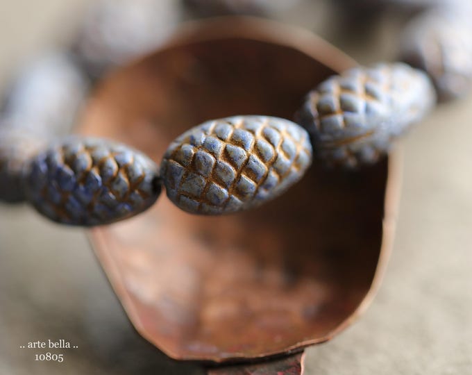 Bronzed BLUE PINE CONES .. 10 Premium Matte Czech Glass Pine Cone Beads 13x8mm (10805-st) .. jewelry supplies