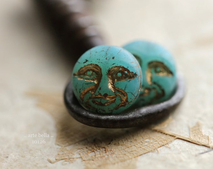 GOLDEN OCEANIC MOONS .. 6 Premium Matte Czech Glass Moon Face Beads 13mm (10126-6)