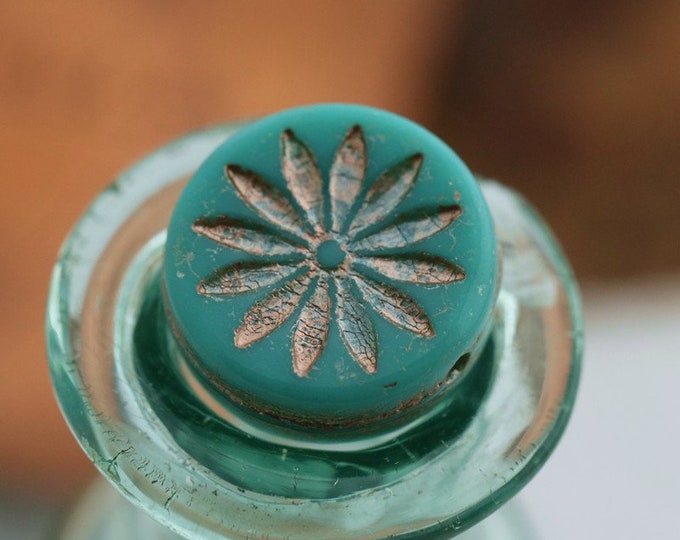 last ones .. PINK TEAL ASTER .. 6 Premium Picasso Czech Glass Flower Coin Beads 12mm (7841-6) .. jewelry supplies