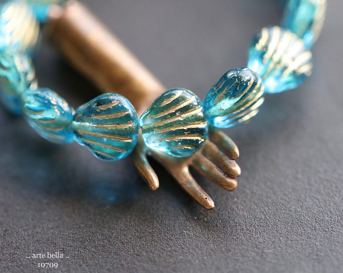GOLDEN AQUA Bebe SHELLS .. 15 Premium Czech Glass Shell Beads 9mm (10709-st) .. jewelry supplies