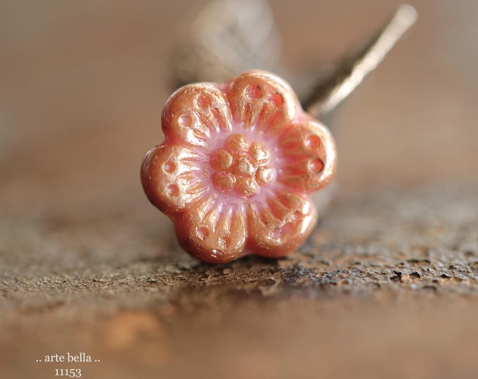 premium glass beads .. PEACHY PINK ROSES .. New 6 Czech Picasso Glass Wild Rose Bead Mix 14mm (11153-6) .. jewelry supplies