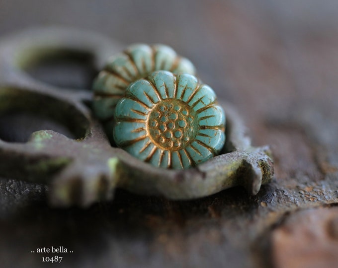 GOLDEN BLUE SUNFLOWERS .. 6 Premium Czech Glass Sunflower Bead Mix 13mm (10487-6) .. jewelry supplies