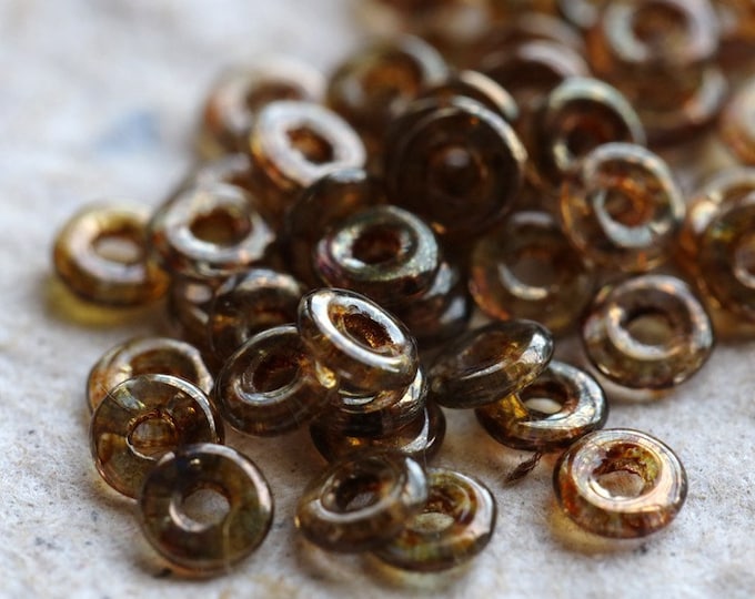 GOLDEN TOPAZ O RINGS .. 100 Premium Picasso Czech Glass O Ring Spacer Beads 4x1mm (7248-100) .. jewelry supplies