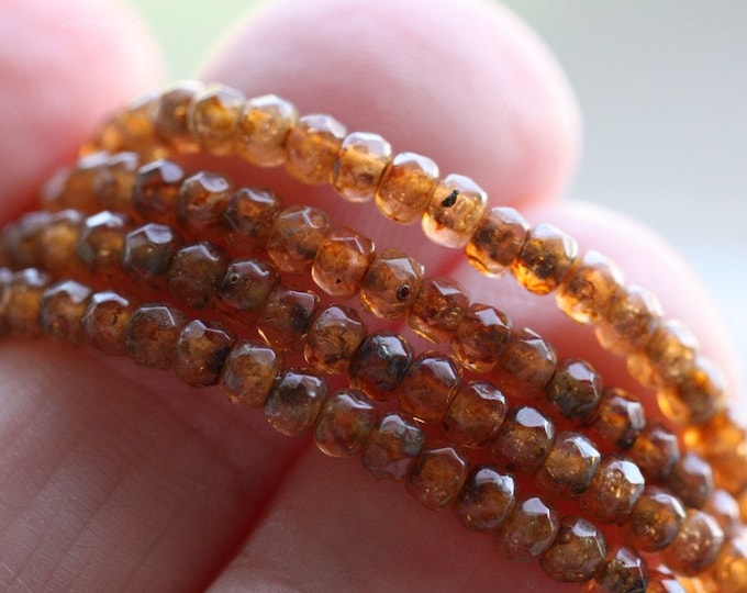 PEACH HONEY BITS .. 50 Premium Picasso Czech Glass Tiny Rondelle Beads 2x3mm (4274-st) .. jewelry supplies