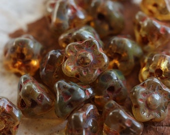 AMBER BUTTON BUDS .. 20 Premium Picasso Czech Glass Flower Button Beads 7mm (6803-20)