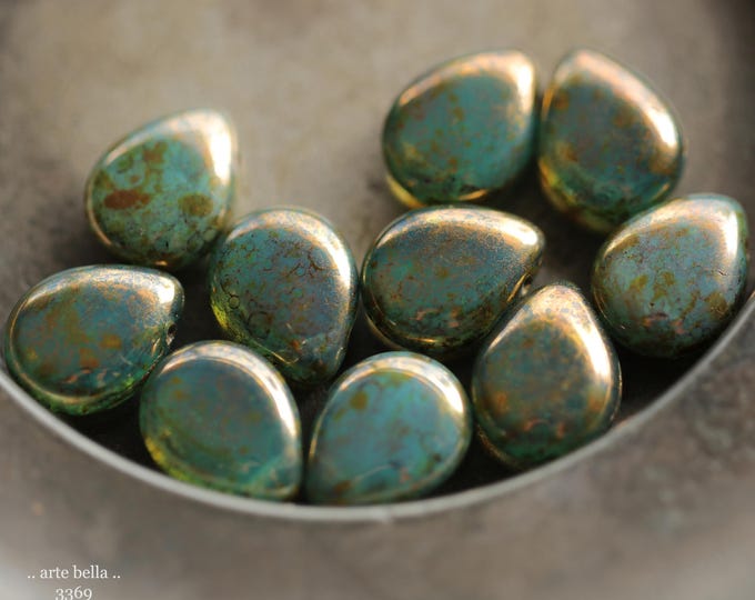 back in stock .. BRONZED OCEANIC PEARS .. 10 Czech Glass Bronze Luster Picasso Teardrop Beads 16x12mm (3368-10) .. jewelry supplies