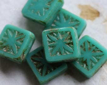 CARVED TURQUOISE SQUARES .. 10 Premium Picasso Czech Glass Square Star Beads 11mm (5788-10)