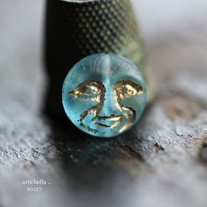 premium glass beads .. GOLDEN AQUA MOONS .. 6 Matte Czech Glass Moon Face Beads 13mm (10127-6) .. jewelry supplies