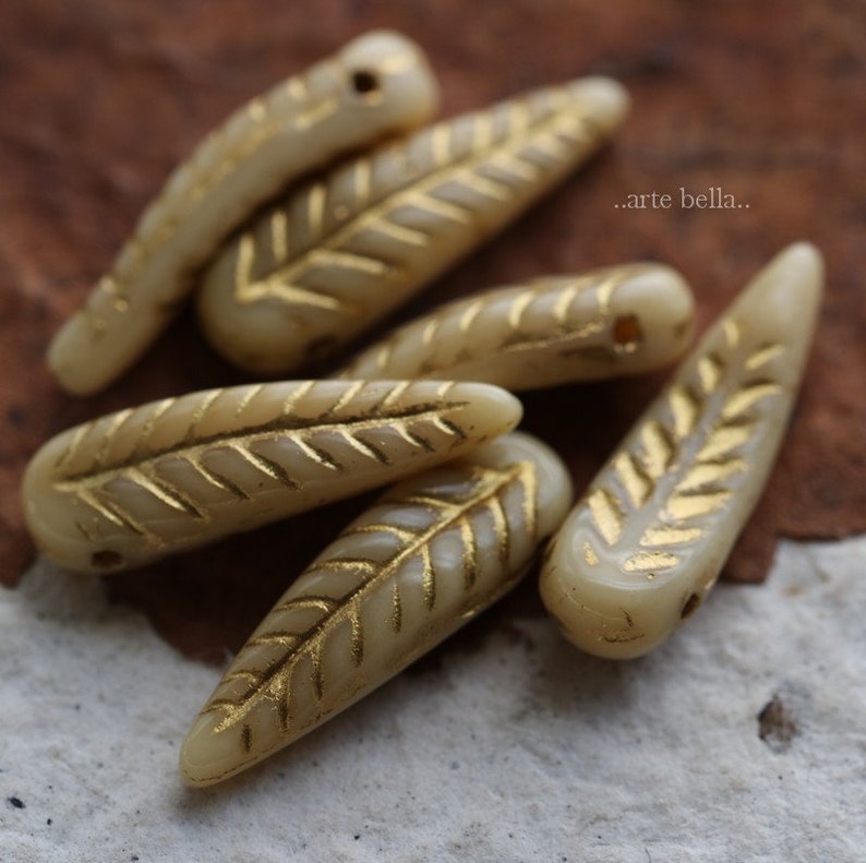 GOLDEN CREAM FEATHERS . 6330-10 10 Premium Picasso Czech Glass Bird Feather Beads 5x17mm
