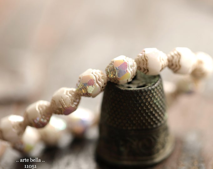 EARTHY MYSTIC WHITE Lanterns .. New 15 Premium Czech Glass Carved Cathedral Oval Beads 8x6mm (11051-st) .. jewelry supplies