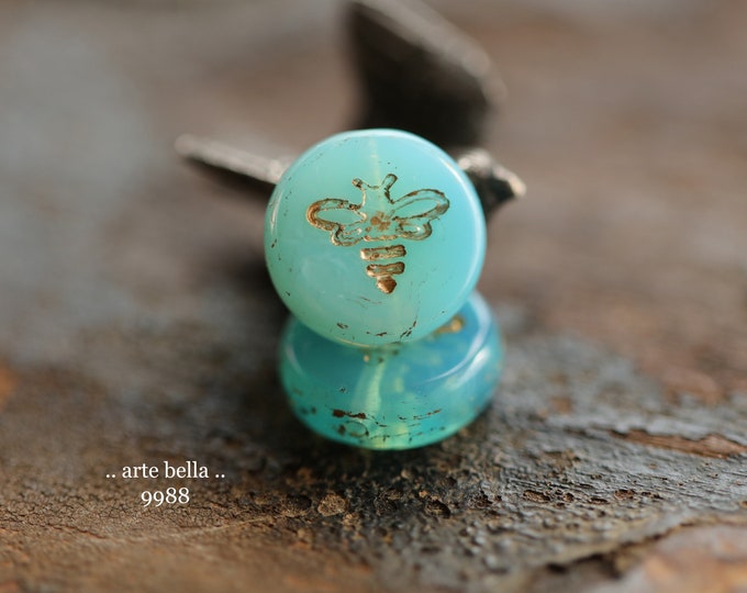 GOLDEN AQUA BIZZY B .. 6 Premium Czech Glass Bee Coin Beads 12mm (9988-6) .. jewelry supplies