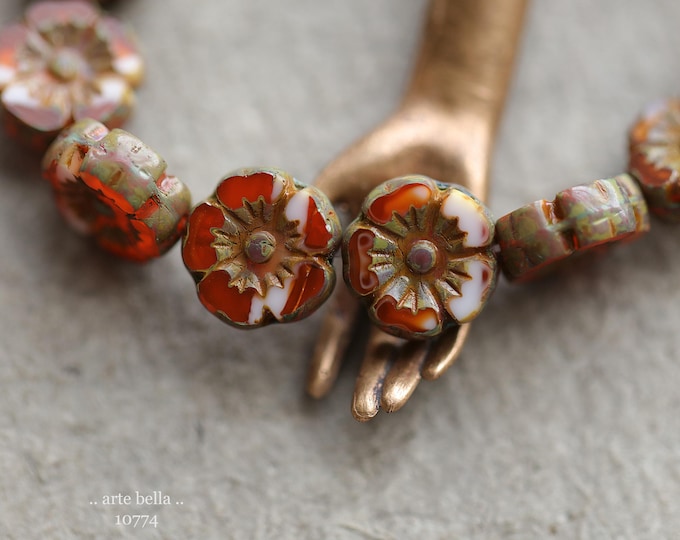 back in stock .. EARTHY PUMPKIN PANSY .. 16 Premium Picasso Czech Glass Hibiscus Flower Beads 9mm (10774-st) .. jewelry supplies