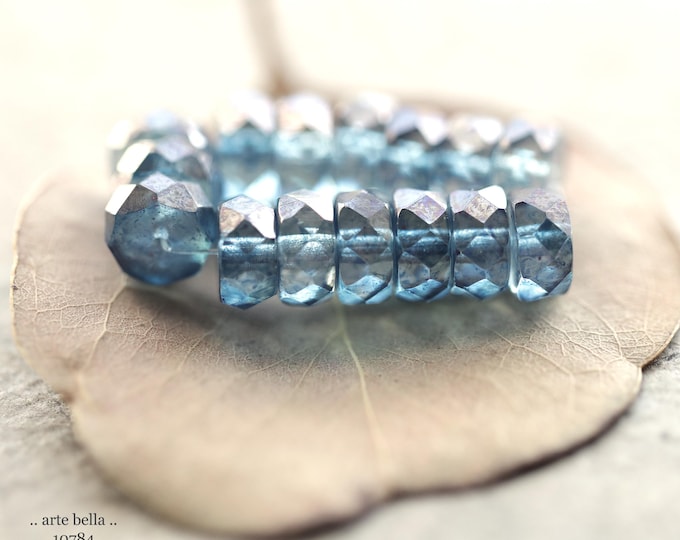 SILVERED BLUE WHEELS .. New 15 Premium Czech Glass Faceted Heishi Rondelle Bead 4x8mm (10784-st) .. jewelry supplies