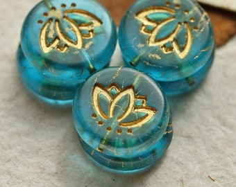 GOLDEN AQUA LOTUS Blooms .. 6 Premium Czech Matte Glass Lotus Coin Beads 14mm (8883-6)