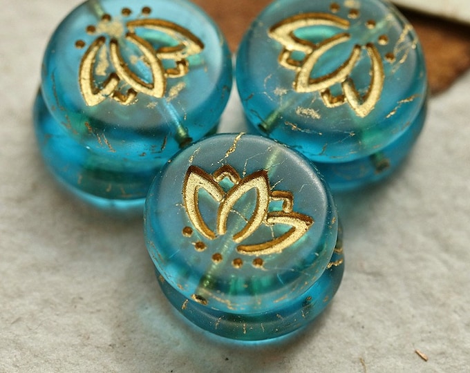 GOLDEN AQUA LOTUS Blooms .. 6 Premium Czech Matte Glass Lotus Coin Beads 14mm (8883-6)