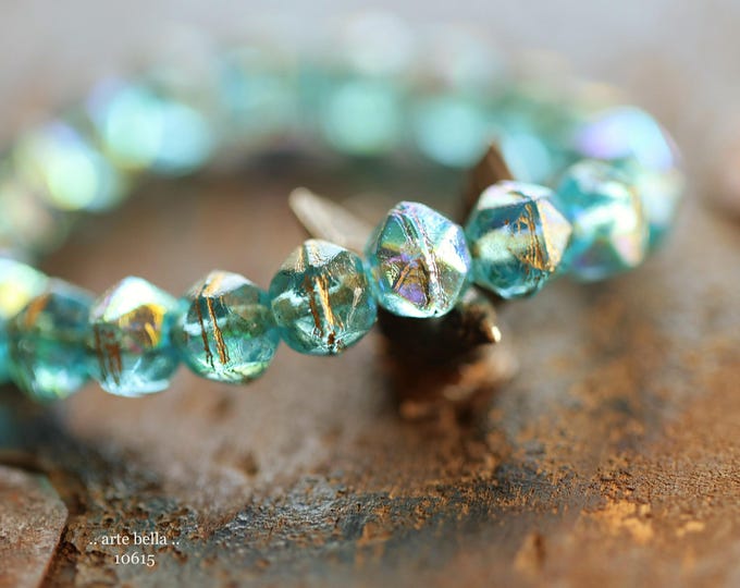 back in stock .. MYSTIC AQUA NUGGETS .. 20 Etched Czech Glass English Cut Beads 8mm (10615-st) .. jewelry supplies