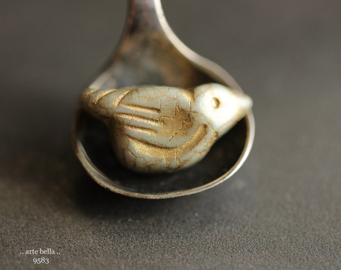 back in stock .. GOLDEN SPARROW CHIRPS .. 6 Premium Matte Czech Glass Bird Beads 11x22mm (9583-6) .. jewelry supplies