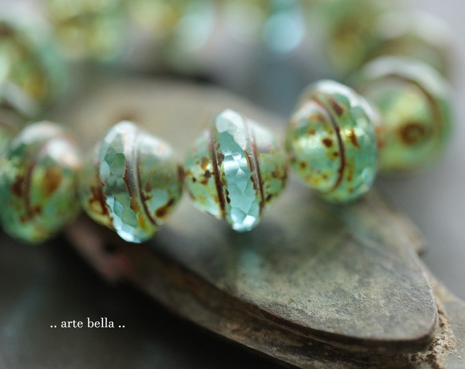 EARTHY SKY BLISS .. 12 Premium Picasso Czech Glass Saturn Beads 10x12mm (9807-st) .. jewelry supply