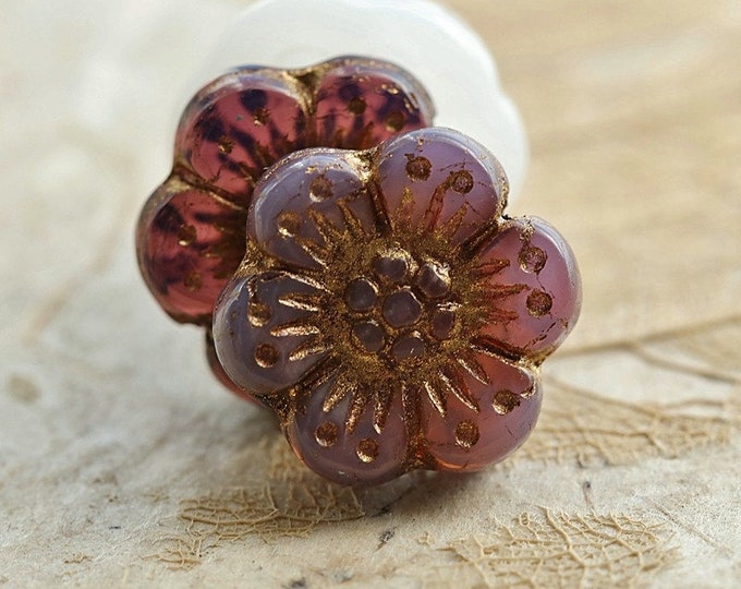 GOLDEN GRAPE ROSES .. 6 Premium Opaline Czech Glass Wild Rose Beads 14mm (8777-6) .. jewelry supplies