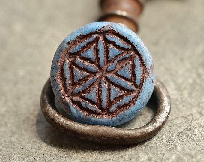 BROWN CORNFLOWER BLUES .. 2 Premium Matte Czech Glass Flower of Life Beads 19mm (8979-2)