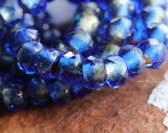 SAPPHIRE ROLLERS .. 10 Premium Picasso Czech Glass Large Hole Roller Beads 6x9mm (4965-10)