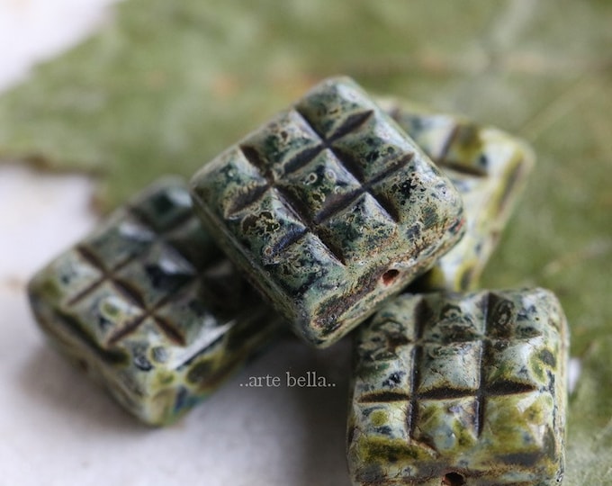 EARTHY MOSS SQUARES .. 4 Premium Picasso Czech Glass Square Beads 13mm (7603-4) .. jewelry supplies