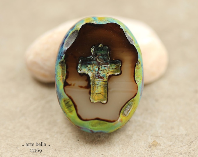 New .. ESPRESSO LATTE CROSSES .. 2 Premium Picasso Czech Glass Oval Cross Bead Mix 25x19mm (11169-2) .. jewelry making supplies