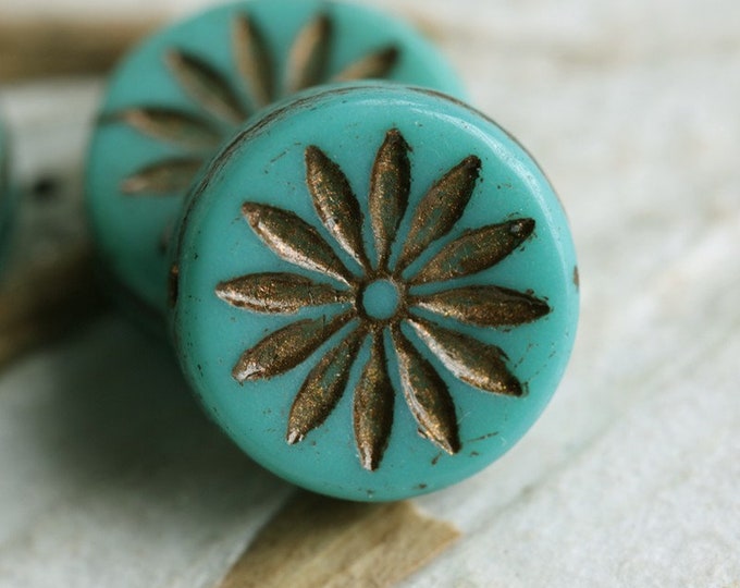 BRONZED TURQUOISE ASTER .. 6 Premium Picasso Czech Glass Aster Coin Beads 12mm (7838-6) .. jewelry supplies