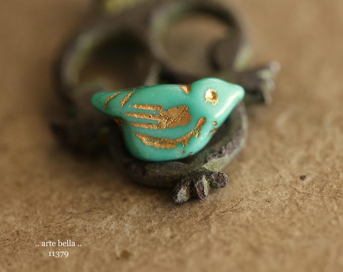 New .. GOLDEN TURQUOISE CHIRPS .. 6 Premium Czech Glass Bird Beads 11x22mm (11379-st) .. jewelry supplies