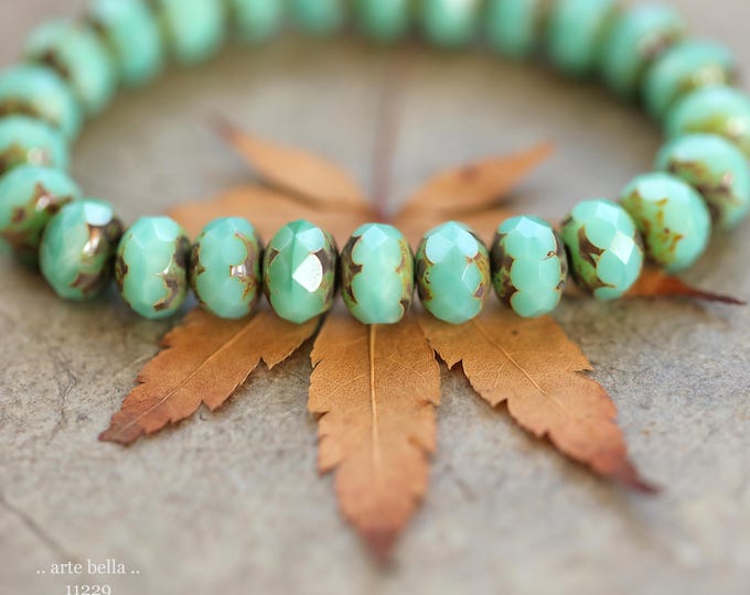New .. EARTHY AQUA MINTS .. 25 Premium Picasso Czech Glass Faceted Rondelle Beads 6x9mm (11229-st) .. jewelry making supplies