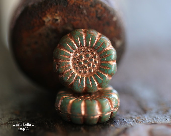 premium glass beads .. COPPERED TEAL SUNFLOWERS .. 6 Picasso Czech Glass Sunflower Bead Mix 13mm (10488-6) .. jewelry supplies