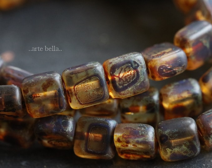 back in stock .. MATTE TOFFEE TILES .. 25 Premium Matte Picasso Czech Glass Square Tile Beads 6mm (6566-st) .. jewelry supplies