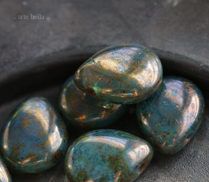 6 Premium Picasso Czech Teardrop Beads 16x12mm sale . BRONZE OCEANIC PEARS . 3368-6