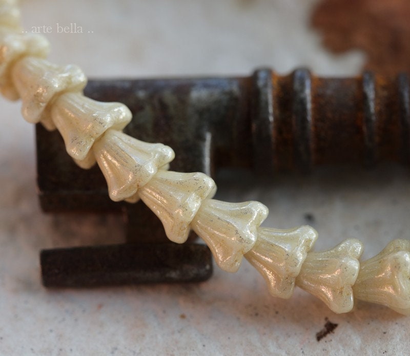 SILVERED CREAM BABY Bells .. 30 Premium Czech Glass Bell Flower Bead