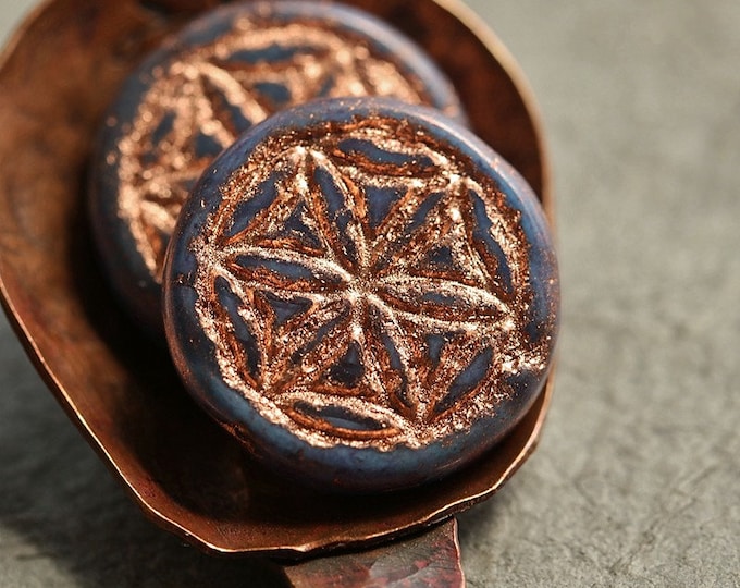 COPPER VIOLET FLOWERS .. 2 Premium Czech Glass Flower of Life Beads 19mm (8980-2) .. jewelry supplies
