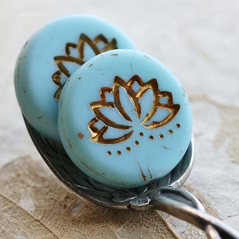 New 2 Premium Czech Matte Glass Lotus Coin Beads 18mm GOLDEN SKY LOTUS . 8747-2