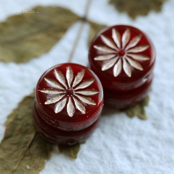 PINK CHERRY ASTER .. 6 Premium Picasso Czech Glass Aster Coin Beads 12mm (7910-6)