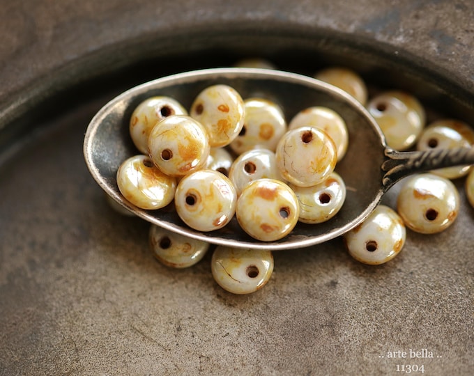 New .. CREME BRULE' LENTILS .. 25 Premium Luster Picasso Czech Glass Lentil Beads 6mm (11304-25) .. jewelry supplies