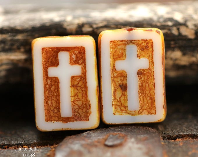 New .. RUSTIC SAFFRON CROSSES .. 4 Premium Picasso Czech Glass Rectangle Cross Bead Mix 17x12mm (11238-4) .. rosary supplies