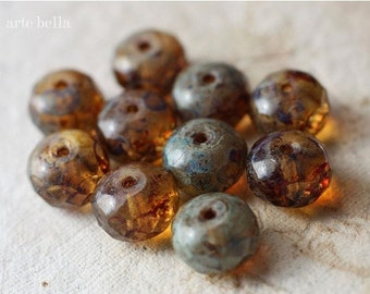 EARTHY PICASSO PLUMPS .. 10 Premium Picasso Czech Glass Faceted Rondelle Beads 10x7mm (4735-10)